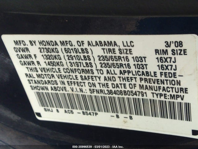 2008 HONDA ODYSSEY EX VIN: 5FNRL38408B054791