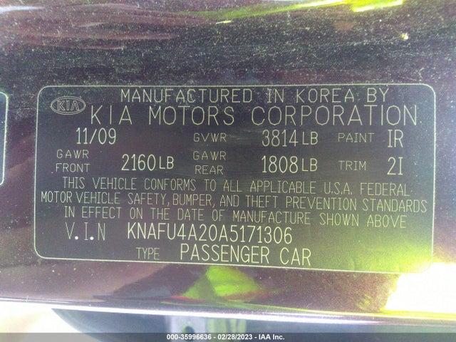 2010 KIA FORTE EX VIN: KNAFU4A20A5171306