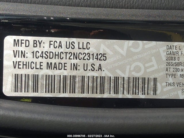 2022 Dodge Durango, VIN: 1C4SDHCT2NC231425