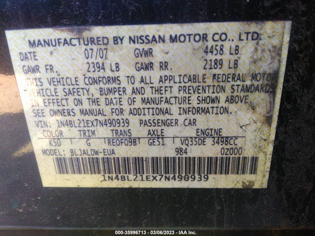 2007 NISSAN ALTIMA 3.5 SE VIN: 1N4BL21EX7N490939