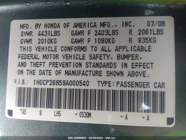 2009 HONDA ACCORD SDN EX-L VIN: 1HGCP26859A000540