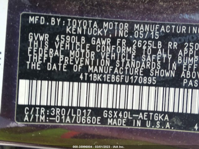 Toyota AVALON LIMITED 2015 4T1BK1EB6FU170895 Image 10