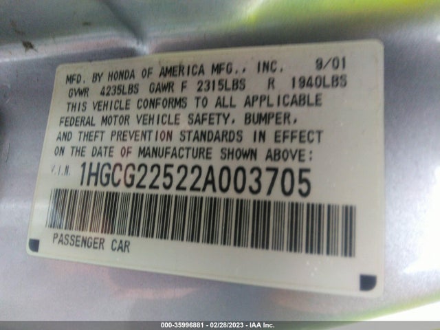 2002 HONDA ACCORD CPE EX W/LEATHER VIN: 1HGCG22522A003705