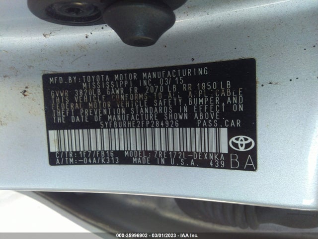 2015 TOYOTA COROLLA L/LE/S/S PLUS/LE PLUS VIN: 5YFBURHE2FP284926