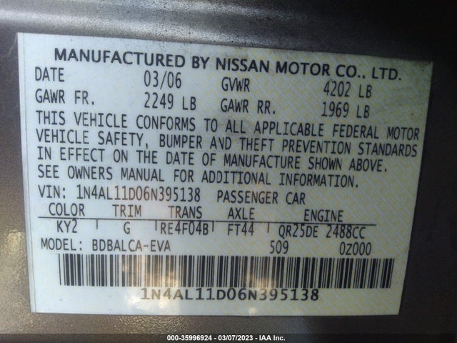 2006 NISSAN ALTIMA 2.5 VIN: 1N4AL11D06N395138