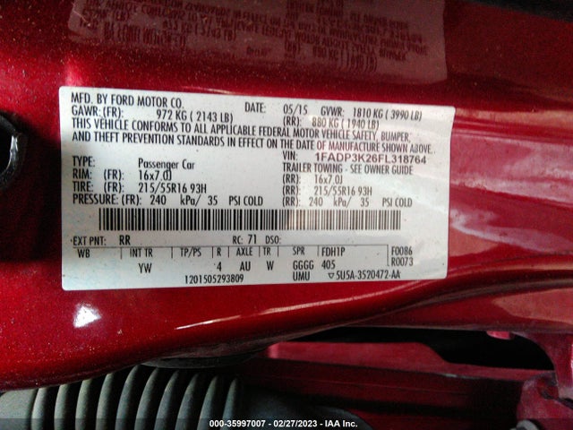 2015 FORD FOCUS SE VIN: 1FADP3K26FL318764