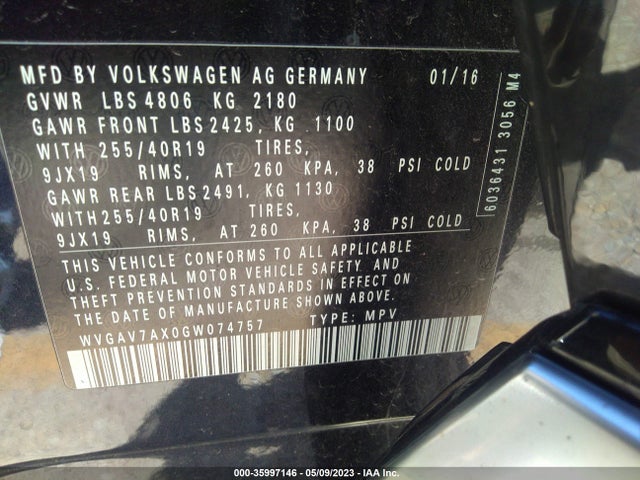 WVGAV7AX0GW074757 Volkswagen Tiguan R-line