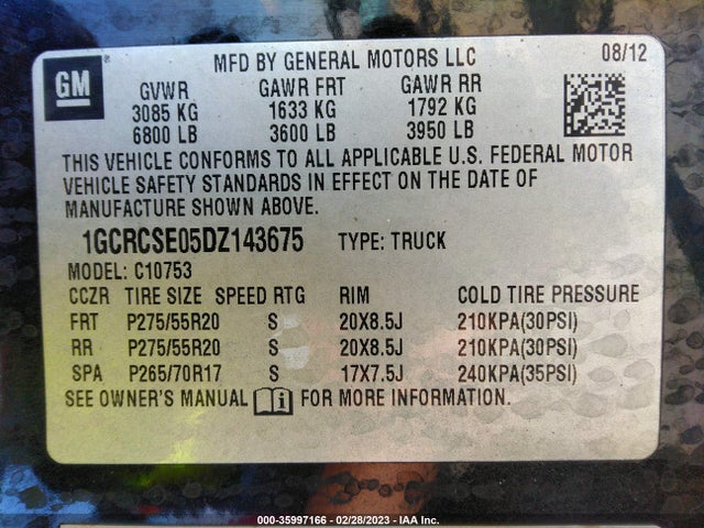 2013 CHEVROLET SILVERADO 1500 LT VIN: 1GCRCSE05DZ143675