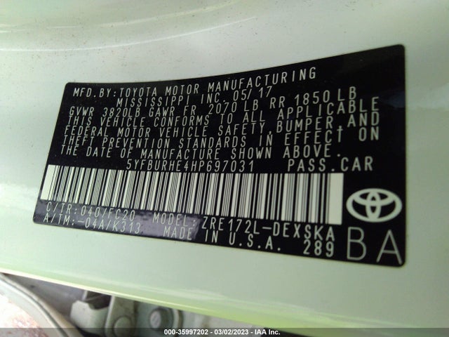 2017 TOYOTA COROLLA L/LE/XLE/SE VIN: 5YFBURHE4HP697031