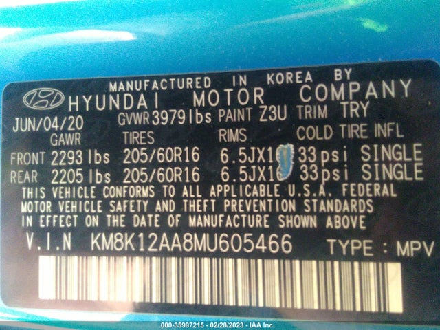2021 Hyundai Kona, VIN: KM8K12AA8MU605466