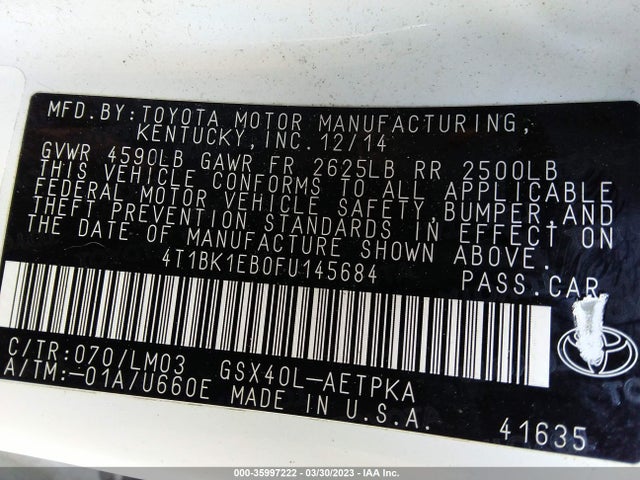 2015 TOYOTA AVALON LIMITED VIN: 4T1BK1EB0FU145684