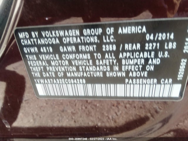 1VWAS7A32EC094269 Volkswagen Passat Wolfsburg Ed