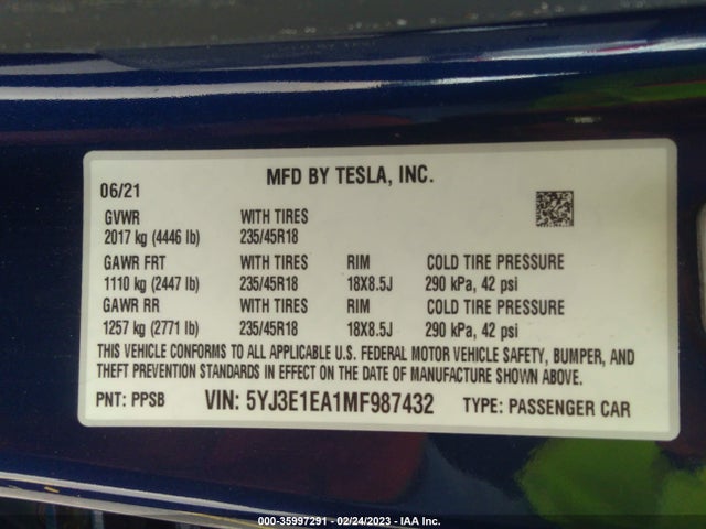 Tesla Model 3 Standard Range Plus 2021 5YJ3E1EA1MF987432 Image 9
