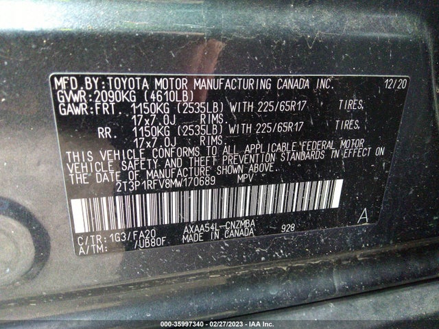 2021 TOYOTA RAV4 XLE VIN: 2T3P1RFV8MW170689