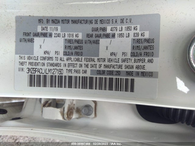 2020 MAZDA MAZDA3 SEDAN SELECT PACKAGE VIN: 3MZBPACLXLM127160