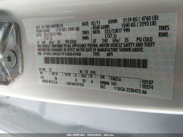 2015 Ford Escape, VIN: 1FMCU9GX1FUB54769