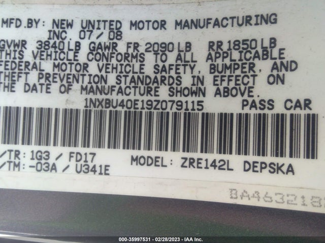 2009 TOYOTA COROLLA VIN: 1NXBU40E19Z079115