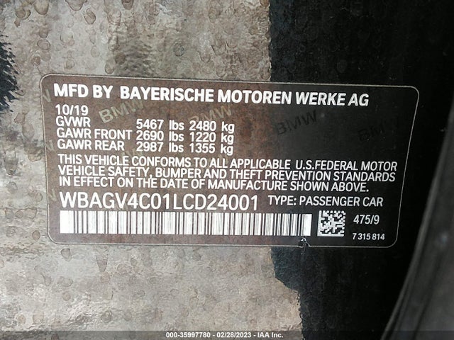 2020 BMW 8 Series Gran Coupe, VIN: WBAGV4C01LCD24001