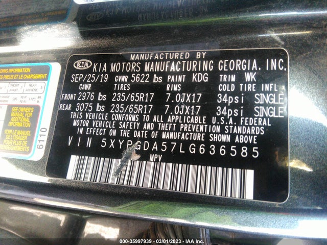2020 KIA SORENTO LX V6 VIN: 5XYPGDA57LG636585