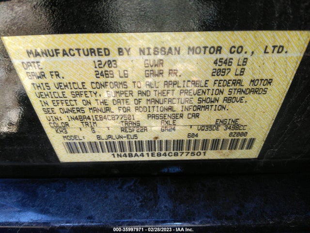 2004 NISSAN MAXIMA SE VIN: 1N4BA41E84C877501