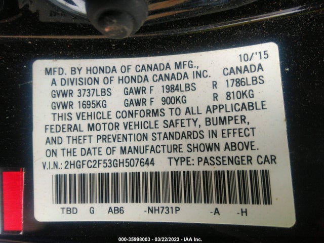 2016 HONDA CIVIC SEDAN LX VIN: 2HGFC2F53GH507644