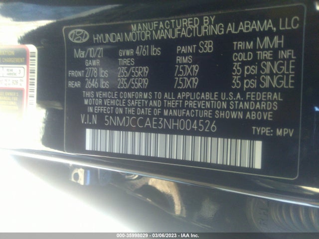 2022 HYUNDAI TUCSON SEL VIN: 5NMJCCAE3NH004526