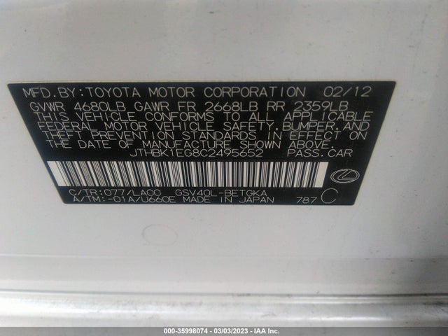 JTHBK1EG8C2495652 Lexus ES 350