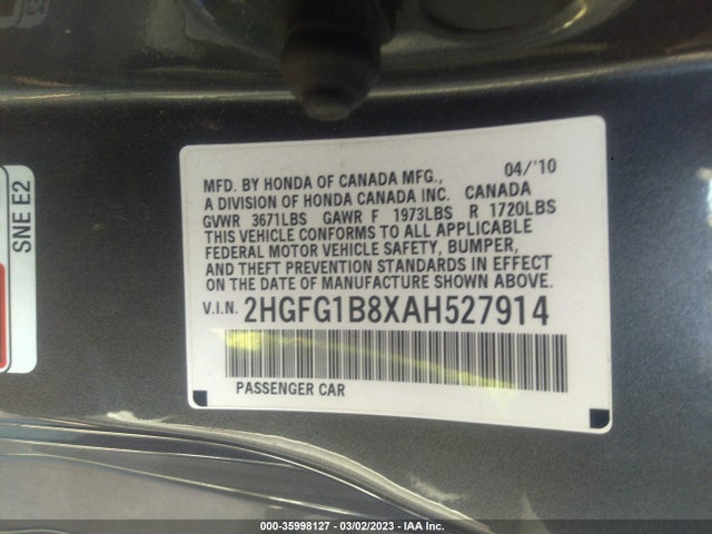 2010 HONDA CIVIC CPE EX VIN: 2HGFG1B8XAH527914