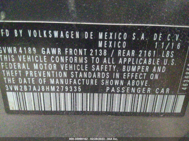 2017 VOLKSWAGEN JETTA 1.4T S VIN: 3VW2B7AJ8HM279335