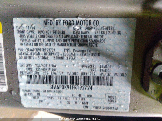 2015 FORD FUSION TITANIUM VIN: 3FA6P0K91FR192724