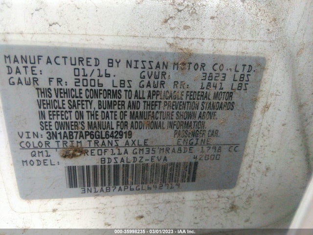 2016 NISSAN SENTRA SR/SL/S/SV/FE+ S VIN: 3N1AB7AP6GL642919