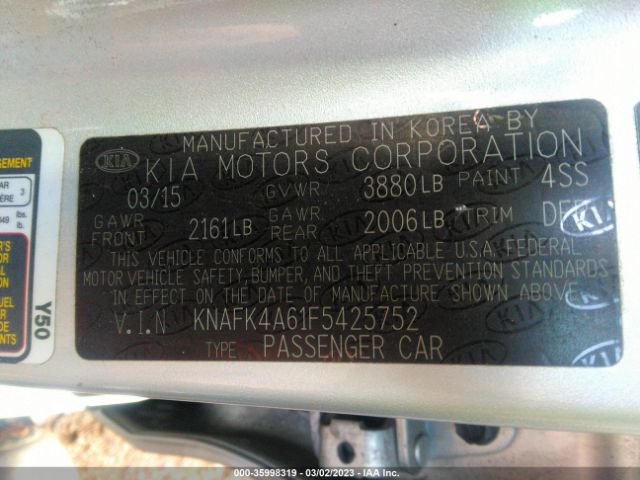 KNAFK4A61F5425752 KIA FORTE LX
