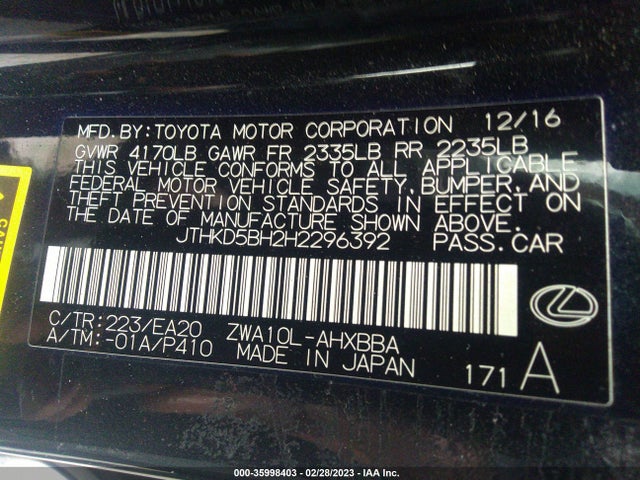 2017 Lexus CT, VIN: JTHKD5BH2H2296392