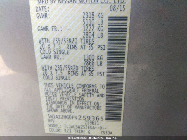 5N1AZ2MG0FN259365 Nissan Murano Platinum