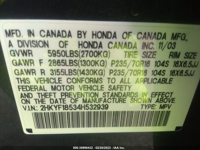 2004 HONDA PILOT EX VIN: 2HKYF18534H532939