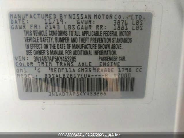 Nissan SENTRA S 2019 3N1AB7AP5KY453285 Image 11