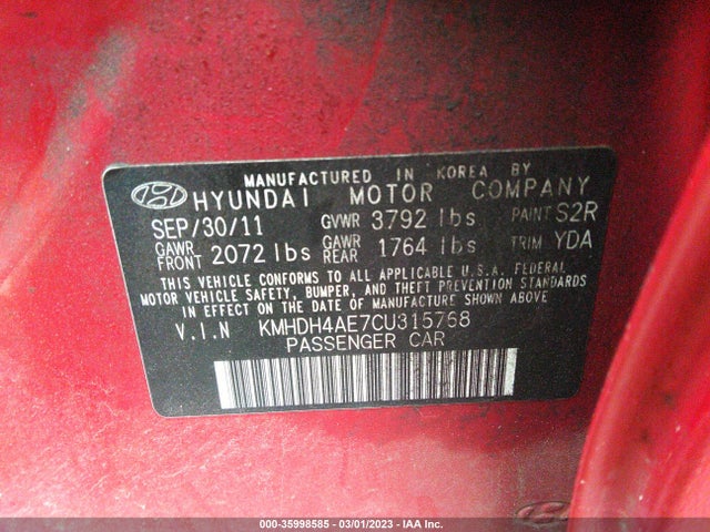 2012 HYUNDAI ELANTRA LIMITED VIN: KMHDH4AE7CU315768