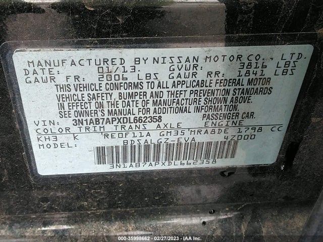 2013 NISSAN SENTRA SL VIN: 3N1AB7APXDL662358