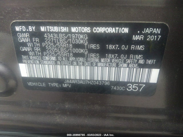 JA4AR3AU7HZ043796 Mitsubishi Outlander Sport 2.0
