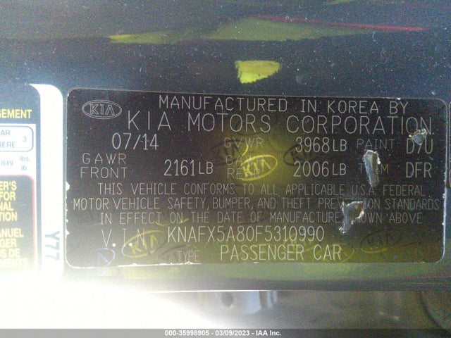 2015 KIA FORTE 5-DOOR EX VIN: KNAFX5A80F5310990