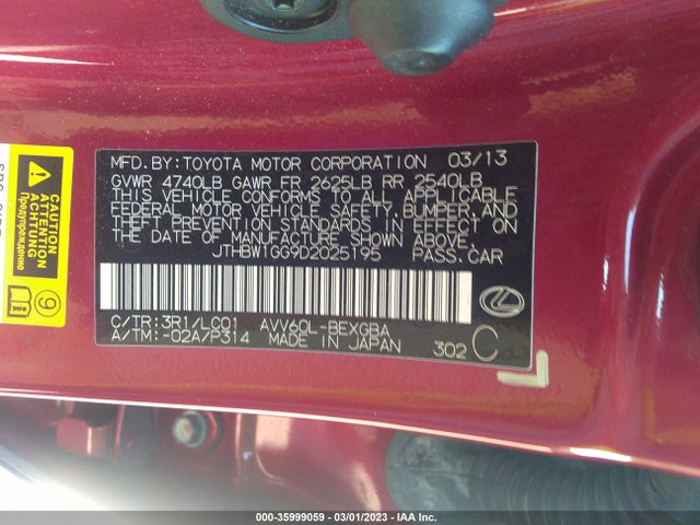 JTHBW1GG9D2025195 Lexus Es 300h Hybrid