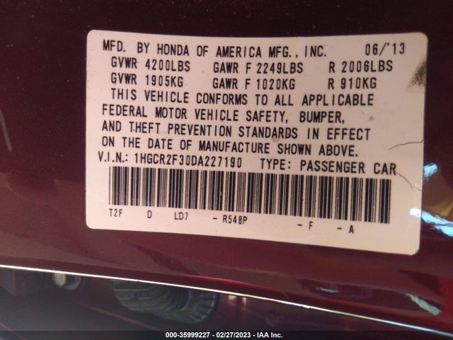 2013 HONDA ACCORD SDN LX VIN: 1HGCR2F30DA227190