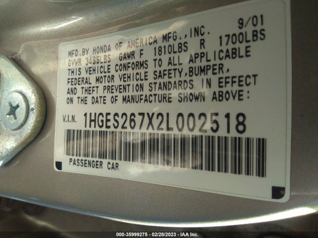 2002 HONDA CIVIC EX VIN: 1HGES267X2L002518
