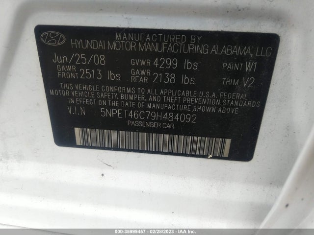 2009 HYUNDAI SONATA GLS VIN: 5NPET46C79H484092