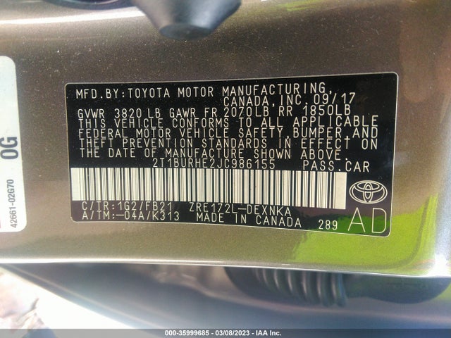 2018 TOYOTA COROLLA L/LE/XLE/SE/XSE VIN: 2T1BURHE2JC986155