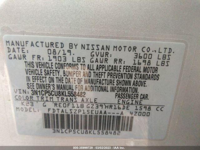 3N1CP5CU8KL558482 Nissan KICKS SV