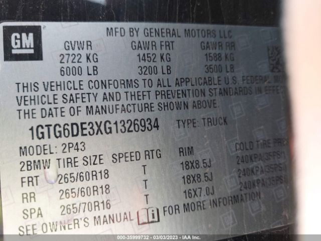 1GTG6DE3XG1326934 GMC Canyon 4wd Slt