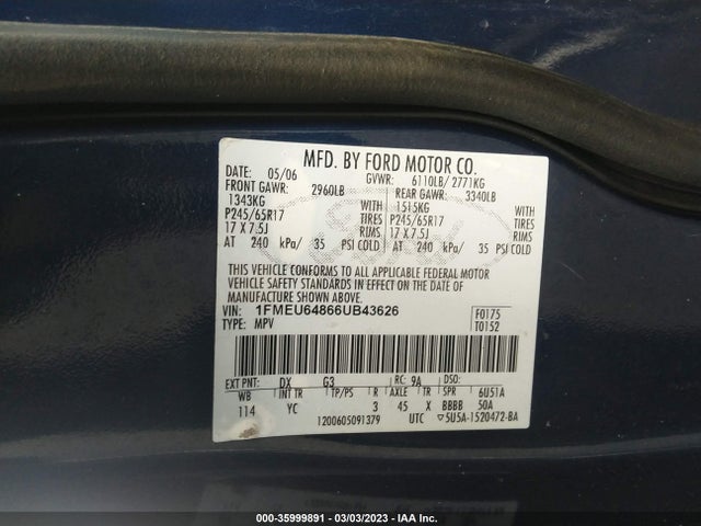 2006 FORD EXPLORER EDDIE BAUER VIN: 1FMEU64866UB43626