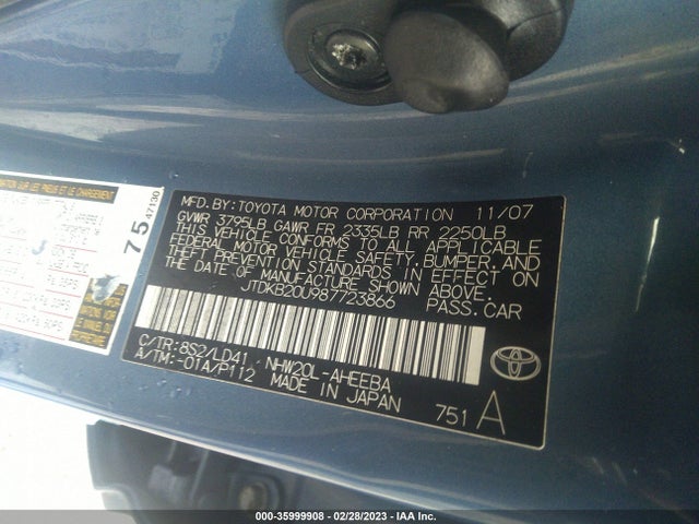 2008 TOYOTA PRIUS VIN: JTDKB20U987723866