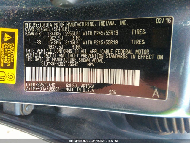 Toyota Highlander Limited 2016 5TDYKRFH3GS136645 Image 9
